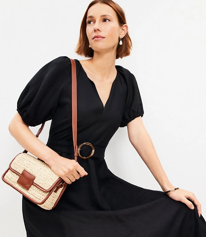 Linen Blend Belted Puff Sleeve Dress