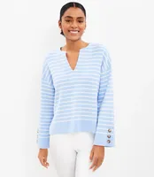 Petite Striped Button Sleeve Split Neck Sweater