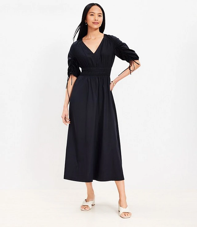 loft tie puff sleeve midi dress in black Loft Petite Tie Puff Sleeve Midi Dress at Hamilton Place in Chattanooga, TN