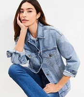 Petite Oversized Denim Trucker Jacket in Light Wash Indigo