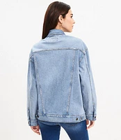 Petite Oversized Denim Trucker Jacket in Light Wash Indigo