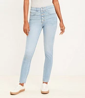 Petite Destructed Button Front High Rise Skinny Jeans Light Wash