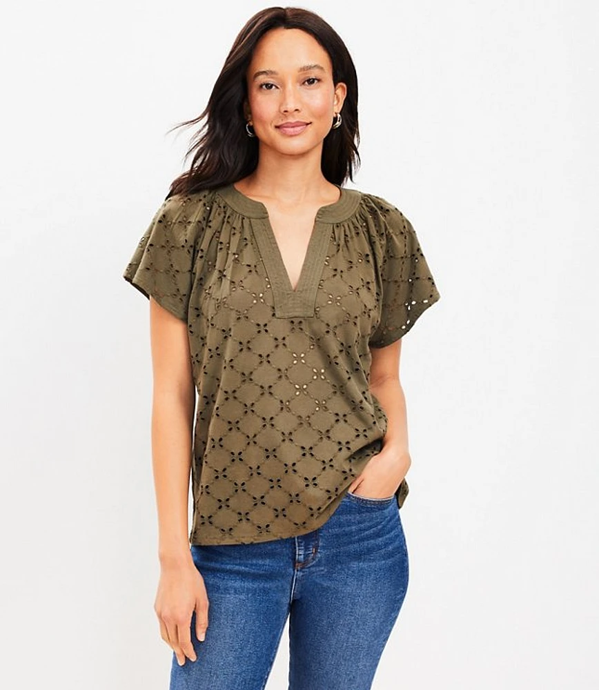 Petite Eyelet Split Neck Top