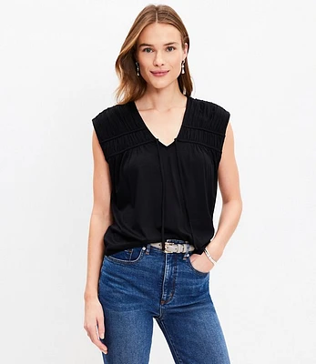 Petite Shirred Tie Neck Top