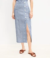 Petite Chambray Linen Button Trim Midi Skirt