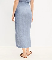 Petite Chambray Linen Button Trim Midi Skirt