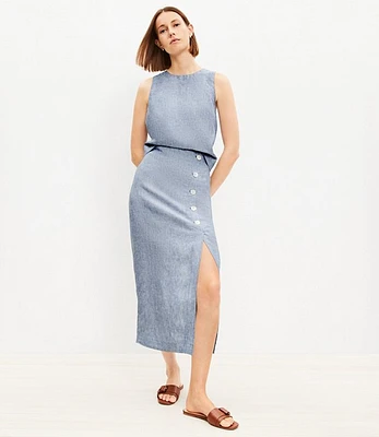 Petite Chambray Linen Button Trim Midi Skirt