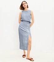 Petite Chambray Linen Button Trim Midi Skirt