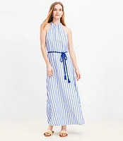 Petite Striped Linen Blend Belted Halter Maxi Dress