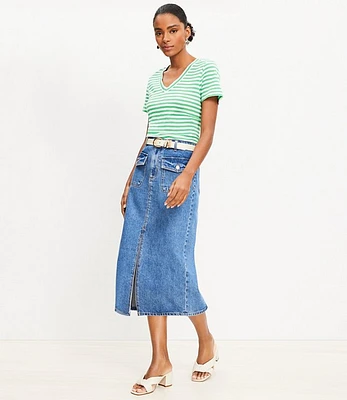 Petite Patch Pocket Denim Midi Skirt in Classic Mid Wash