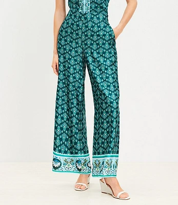 Fluid Pull On Wide Leg Pants Medallion Border Floral