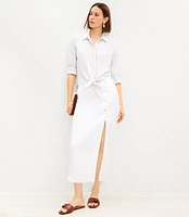 Petite Striped Tie Front Linen Blend Shirt