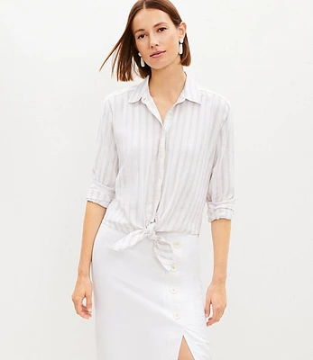 Petite Striped Tie Front Linen Blend Shirt