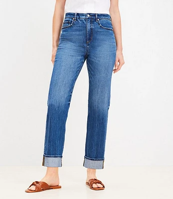 Petite Cuffed High Rise Straight Jeans Bright Mid Indigo Wash