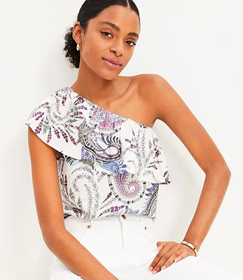 Paisley Linen Blend Ruffle One Shoulder Top