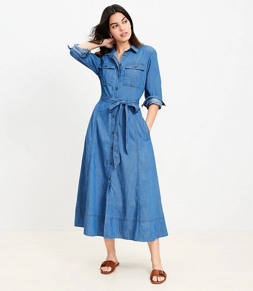 Chambray Belted Midi Pocket Shirtdress