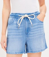 Petite High Rise Drawstring Denim Shorts in Light Wash