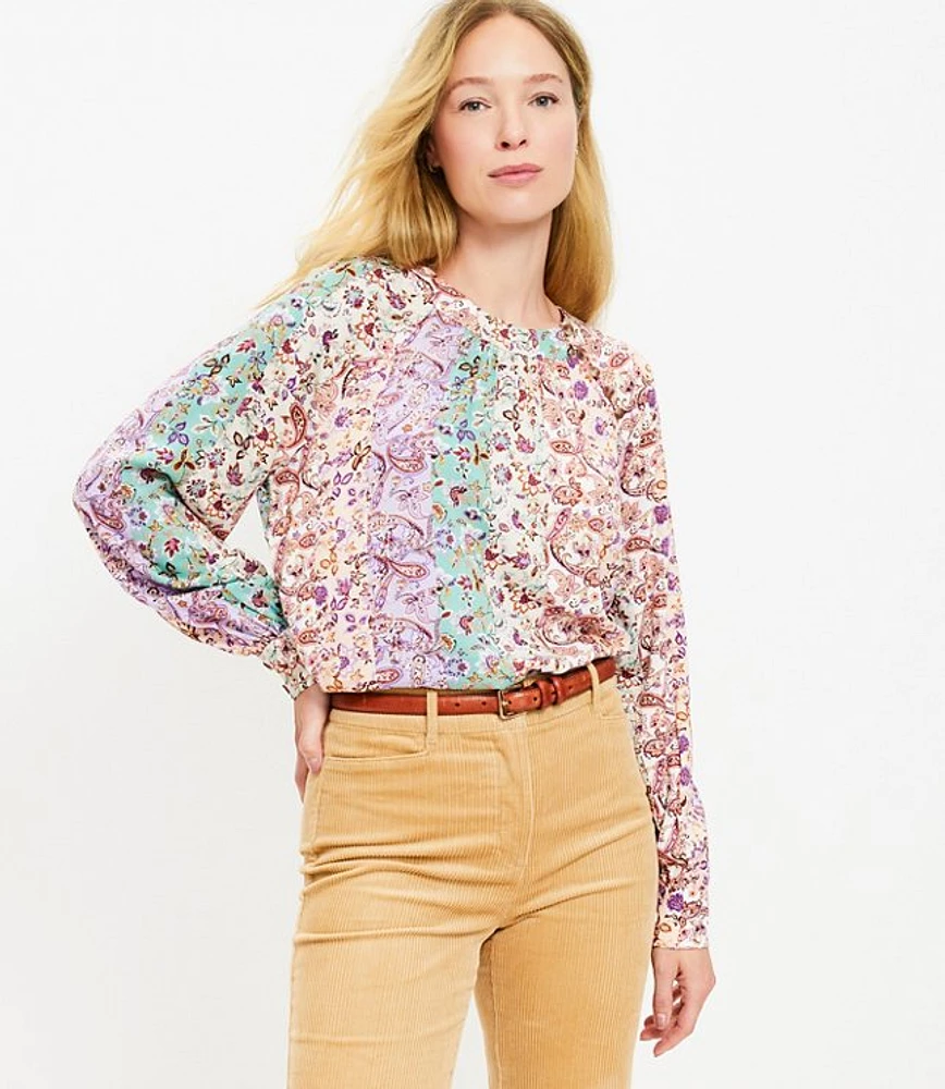 Petite Herringbone Paisley Button Raglan Blouse