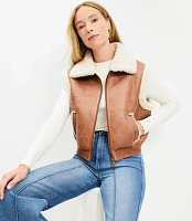 Petite Crackle Faux Leather Shearling Pocket Vest