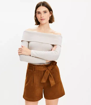 Petite Belted Shorts Faux Suede