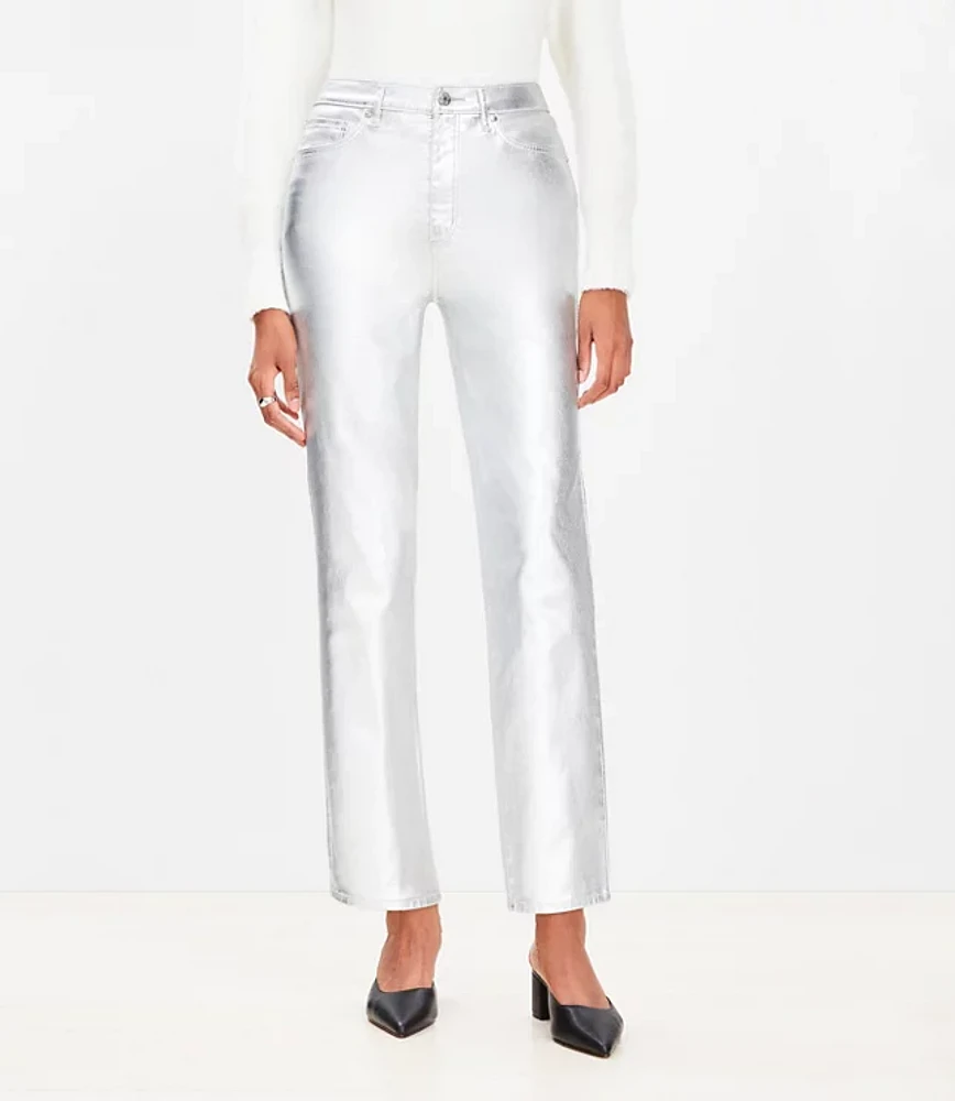 Petite Curvy Coated High Rise Straight Jeans Silver Metallic