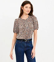 Leopard Print Angled Yoke Button Mixed Media Top