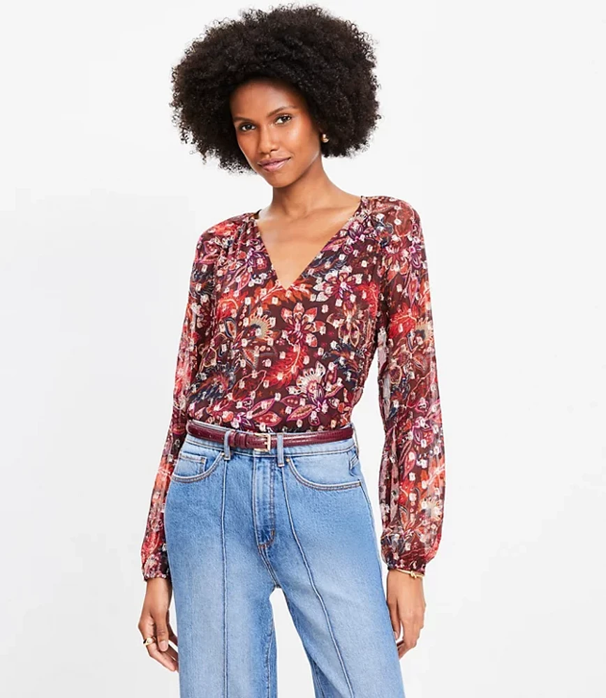 Petite Shimmer Clip Paisley Shirred Raglan Blouse