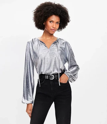 Petite Metallic Knit Tie Neck Blouse