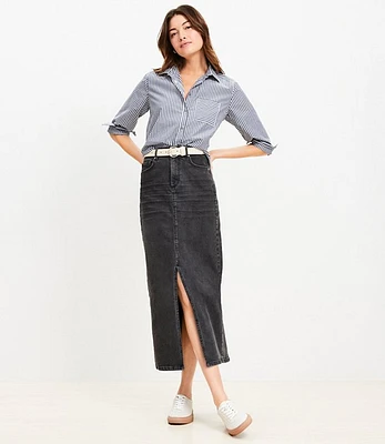 Petite Denim Front Slit Pocket Midi Skirt Washed Black