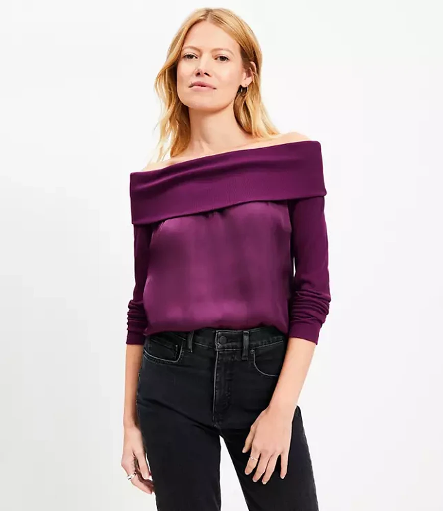 Petite Charmeuse Off The Shoulder Mixed Media Top