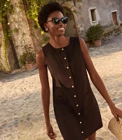Linen Blend Button Mini Pocket Dress