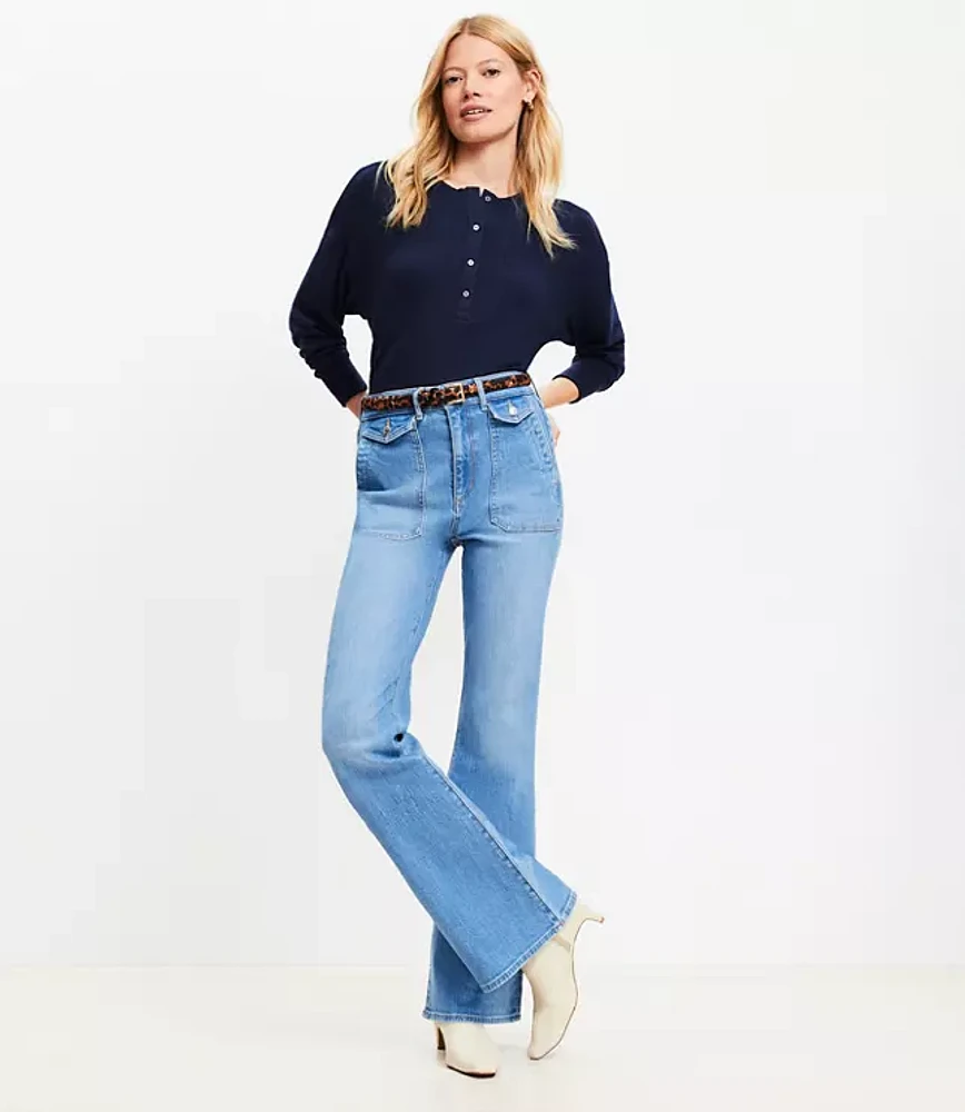 Petite Utility Pocket High Rise Slim Flare Jeans Light Wash Indigo