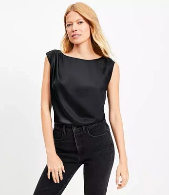 Petite Satin Pleated Shoulder Boatneck Top