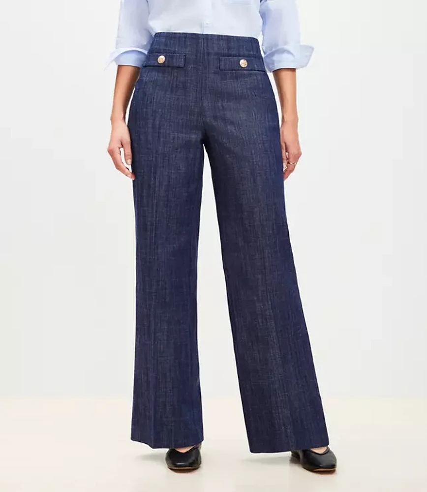 Curvy Button Trim Wide Leg Pants Refined Denim