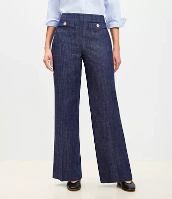 Curvy Button Trim Wide Leg Pants Refined Denim