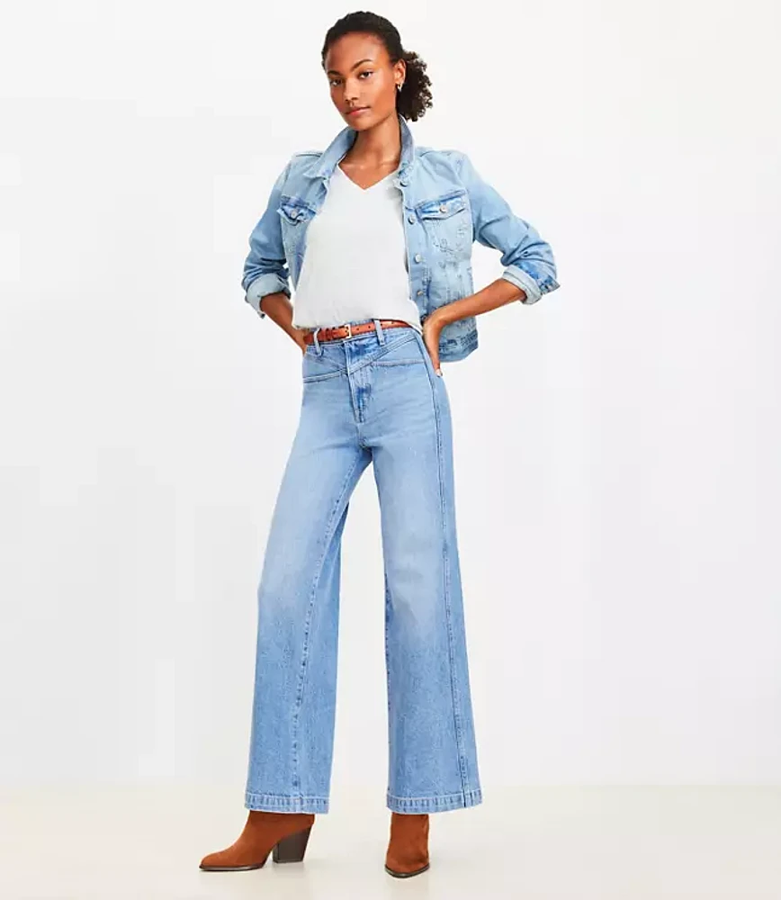 Petite Double Yoke High Rise Wide Leg Jeans Light Wash