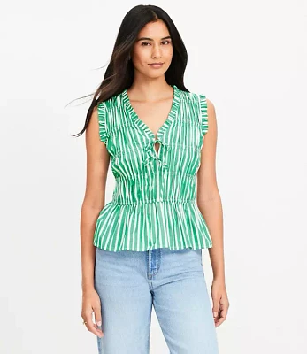 Striped Poplin Bow Peplum Shell