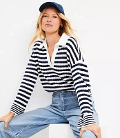 Petite Mixed Stripe Collared V-Neck Sweater