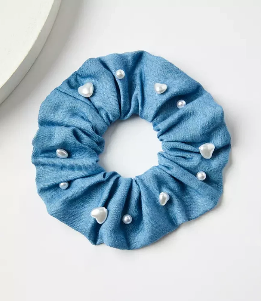 Pearlized Heart Denim Scrunchie