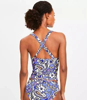 LOFT Beach Paisley Ruched Cross Back Halter Tankini Top