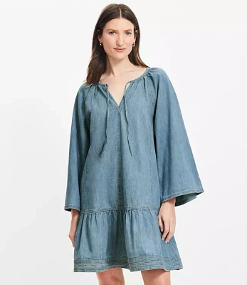 Chambray Tie Neck Mini Flounce Dress