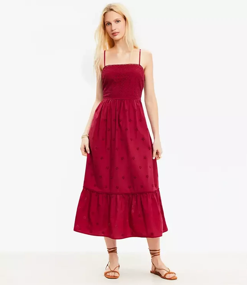 Eyelet Tiered Strappy Midi Dress