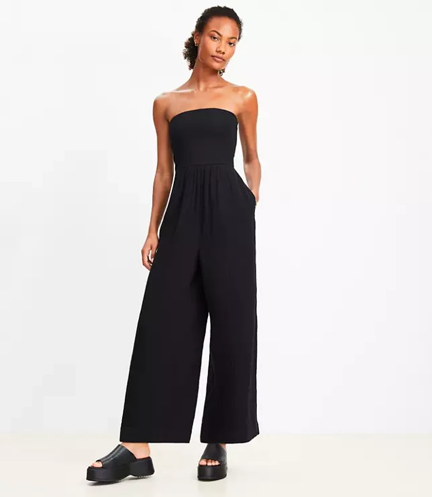 Petite LOFT Beach Triple Cloth Mixed Media Strapless Jumpsuit