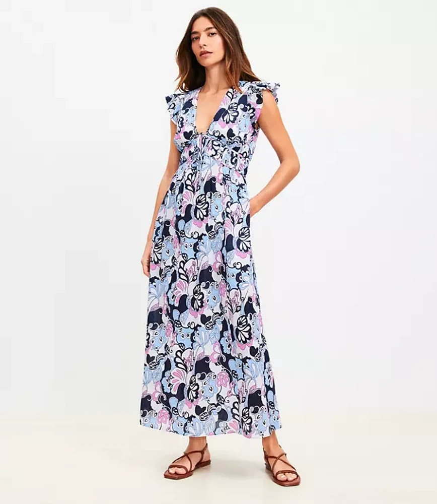 Petite LOFT Beach Floral Ruffle Sleeve Maxi Pocket Dress