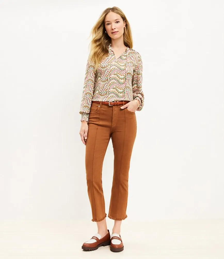 Pintucked Frayed High Rise Kick Crop Jeans Cocoa Powder