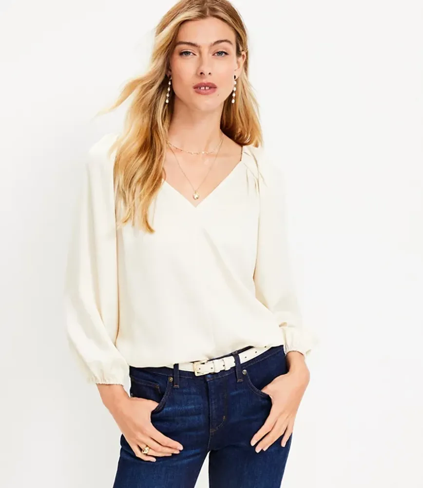 Pleated Sleeve V-Neck Top