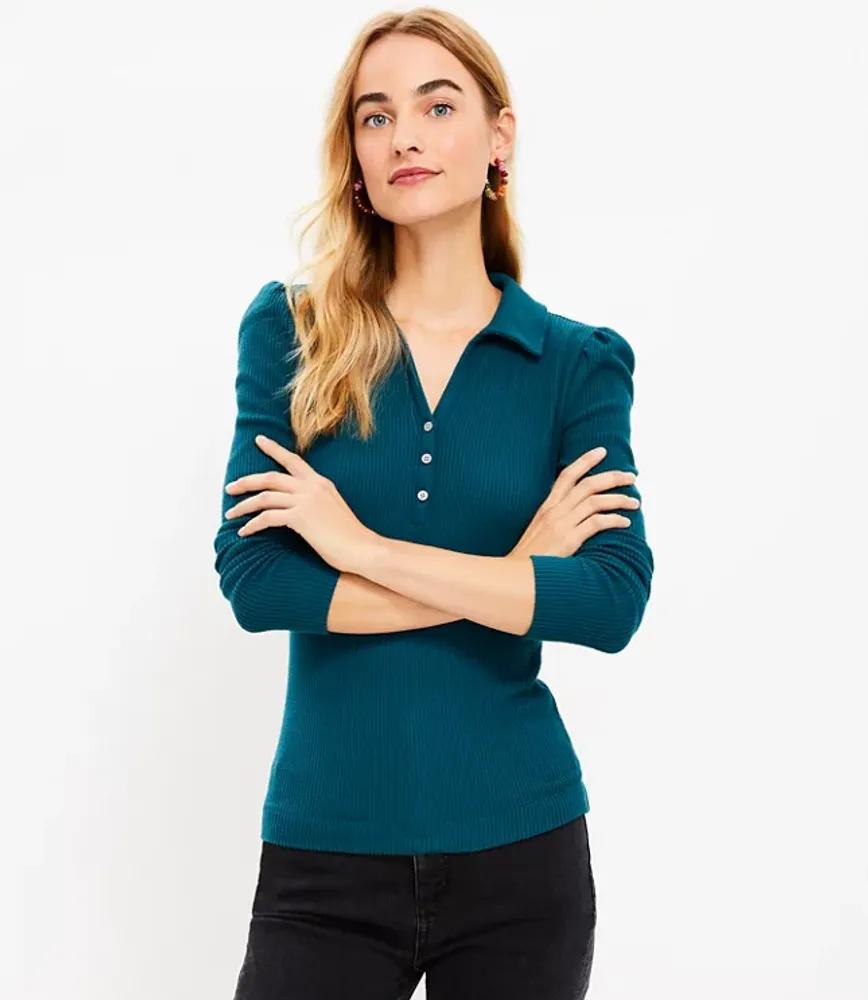 Cozy Ribbed Puff Sleeve Polo Top