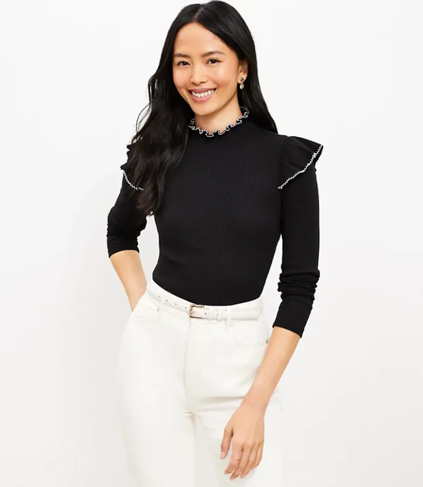 Pointelle Ribbed Ruffle Top