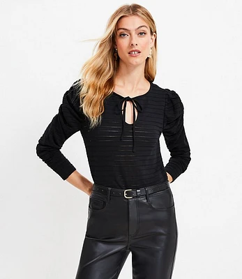 Petite Jacquard Tie Keyhole Ruched Sleeve Top