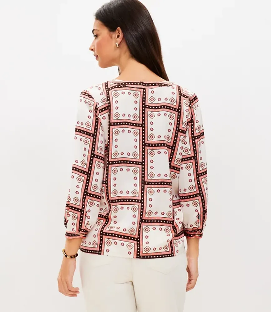 Windowpane V-Neck Button Blouse